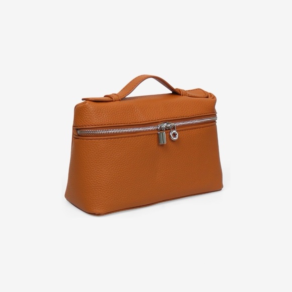 Loro Top Handle Extra Pocket Small Pouch Handbag, Camel Grained Faux Leather - Picture 2 of 3